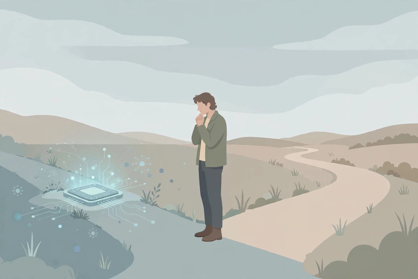 Editorial illustration of a figure at a crossroads between a glowing neural implant chip and an open road