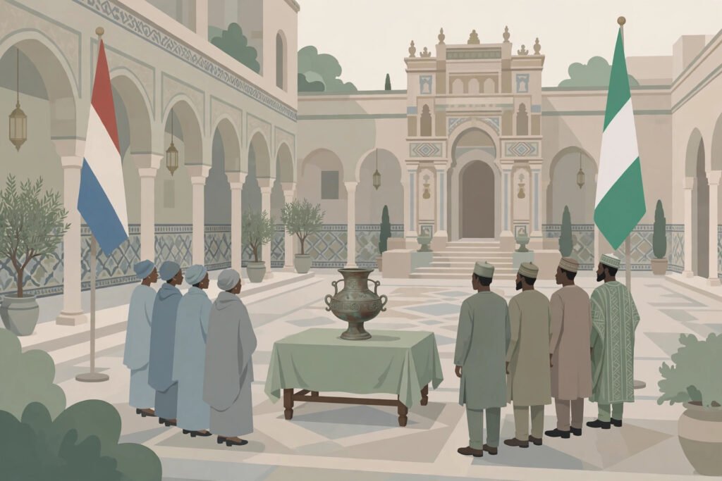 Editorial illustration for: One Artefact Home After 129 Years: Netherlands Returns Benin Object to the Oba's Palace