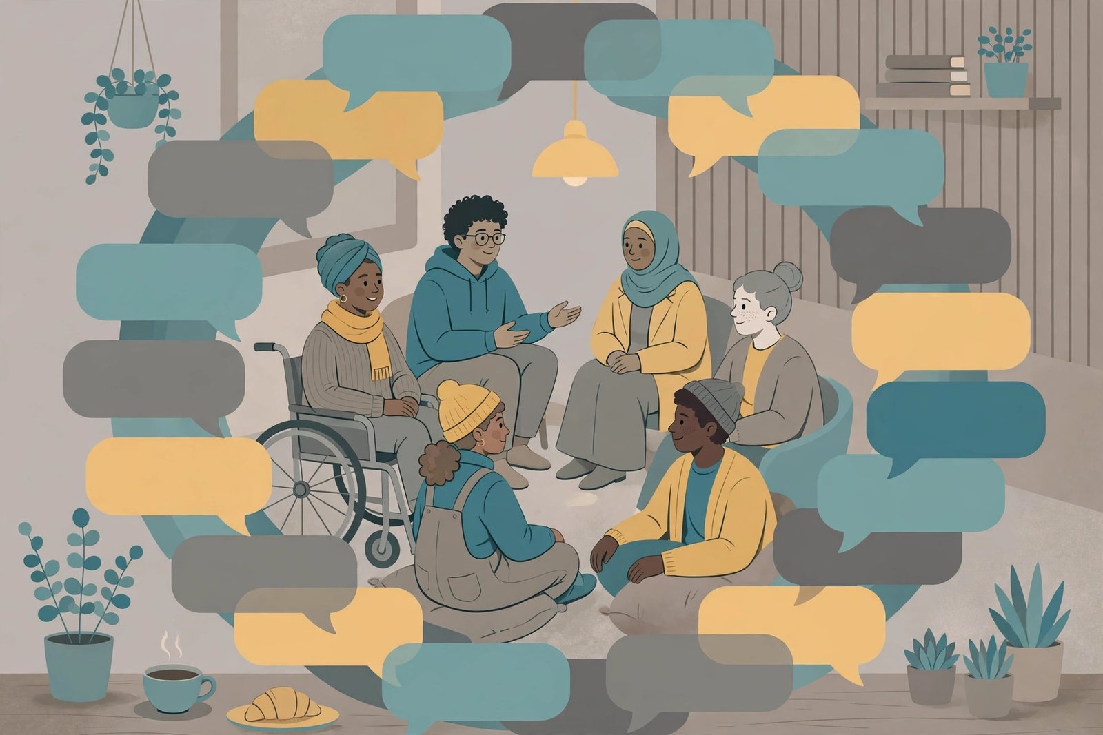 Online communities in America: small figures seated in a loose circle formed by overlapping chat bubbles in a cafe-like space