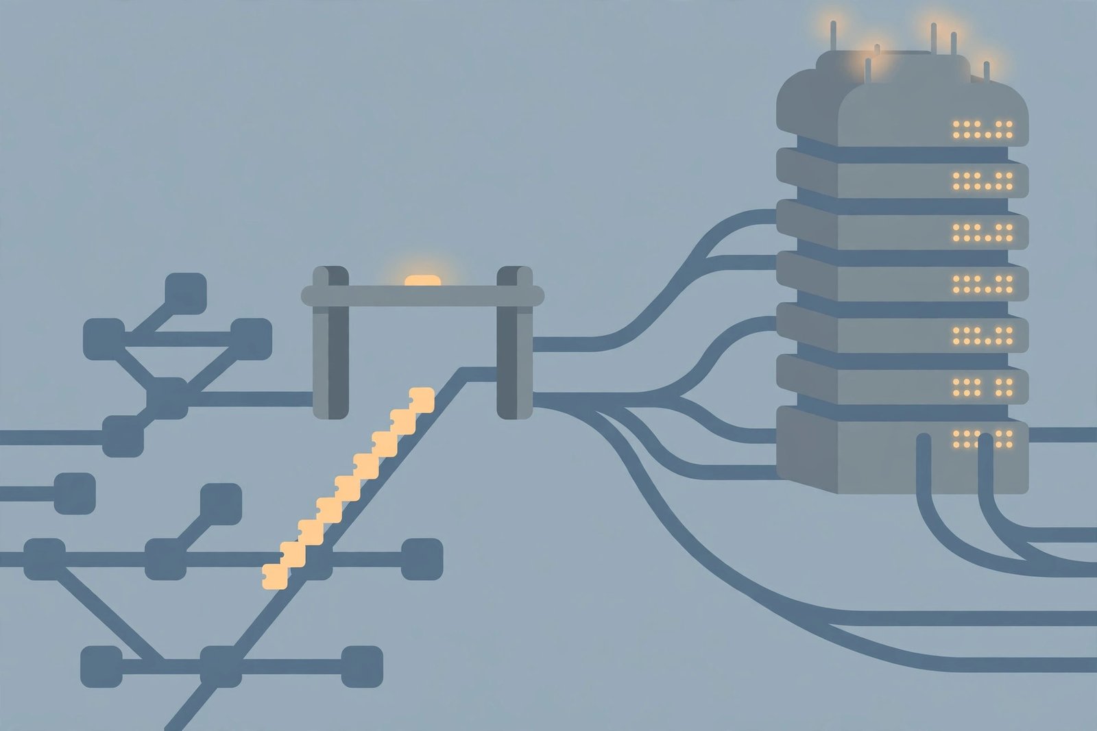 OpenAI model router approval policy: a checkpoint gate on branching digital pathways with request packets queuing before a server tower