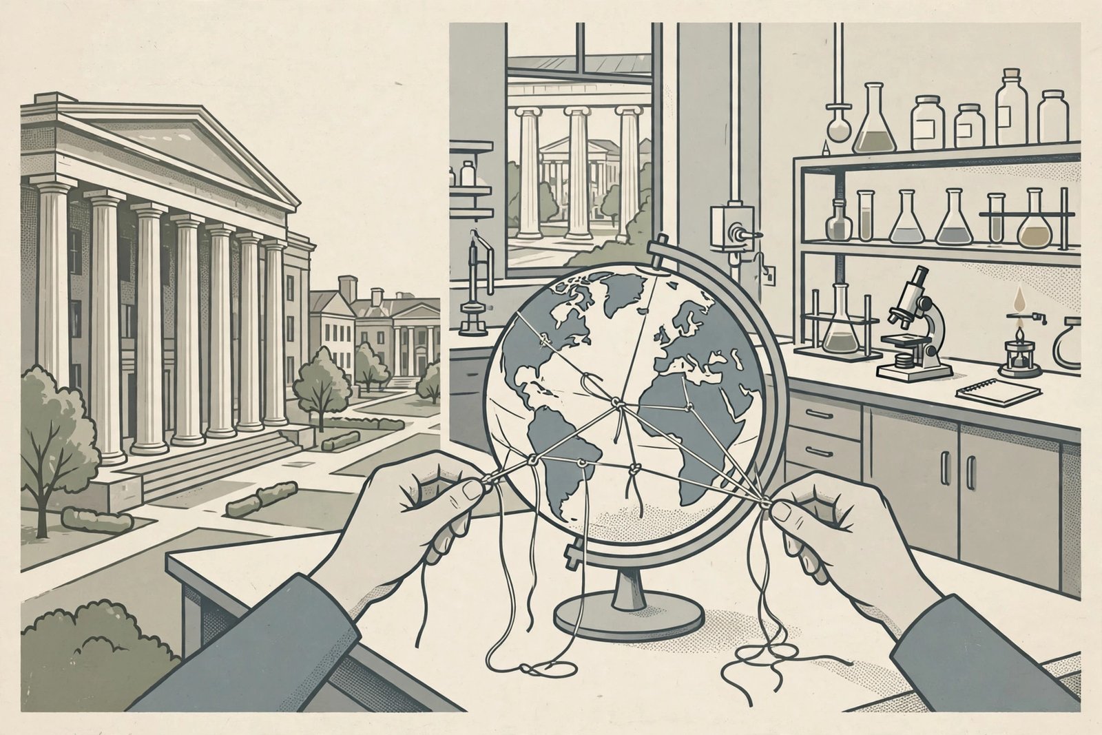 Flat editorial illustration of a university campus and research laboratory with a globe and untied connecting lines