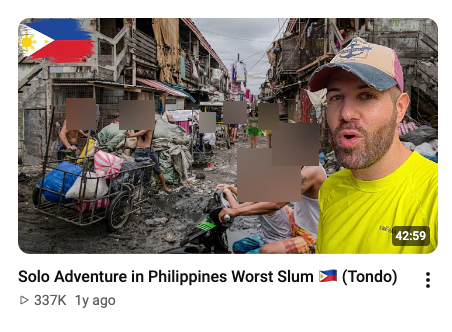 Tondo video screenshot with faces of children and other bystanders obscured.