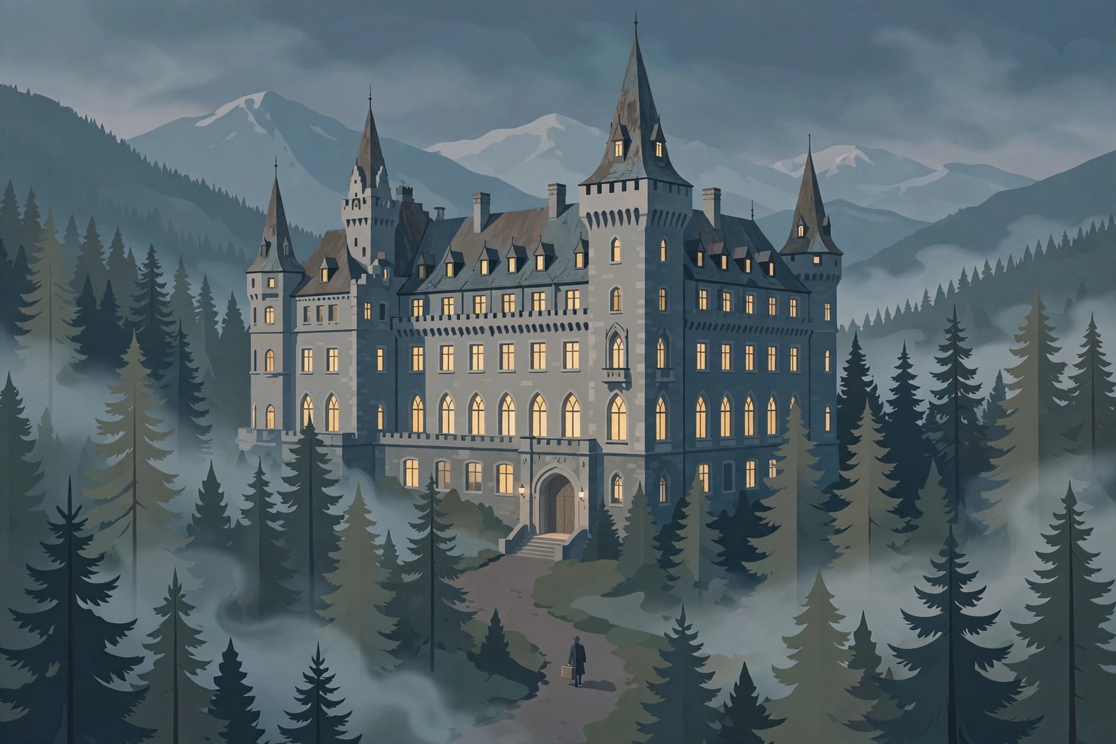 Castle hotel in the Austrian Alps at dusk for this Please Enjoy Your Stay gothic thriller review