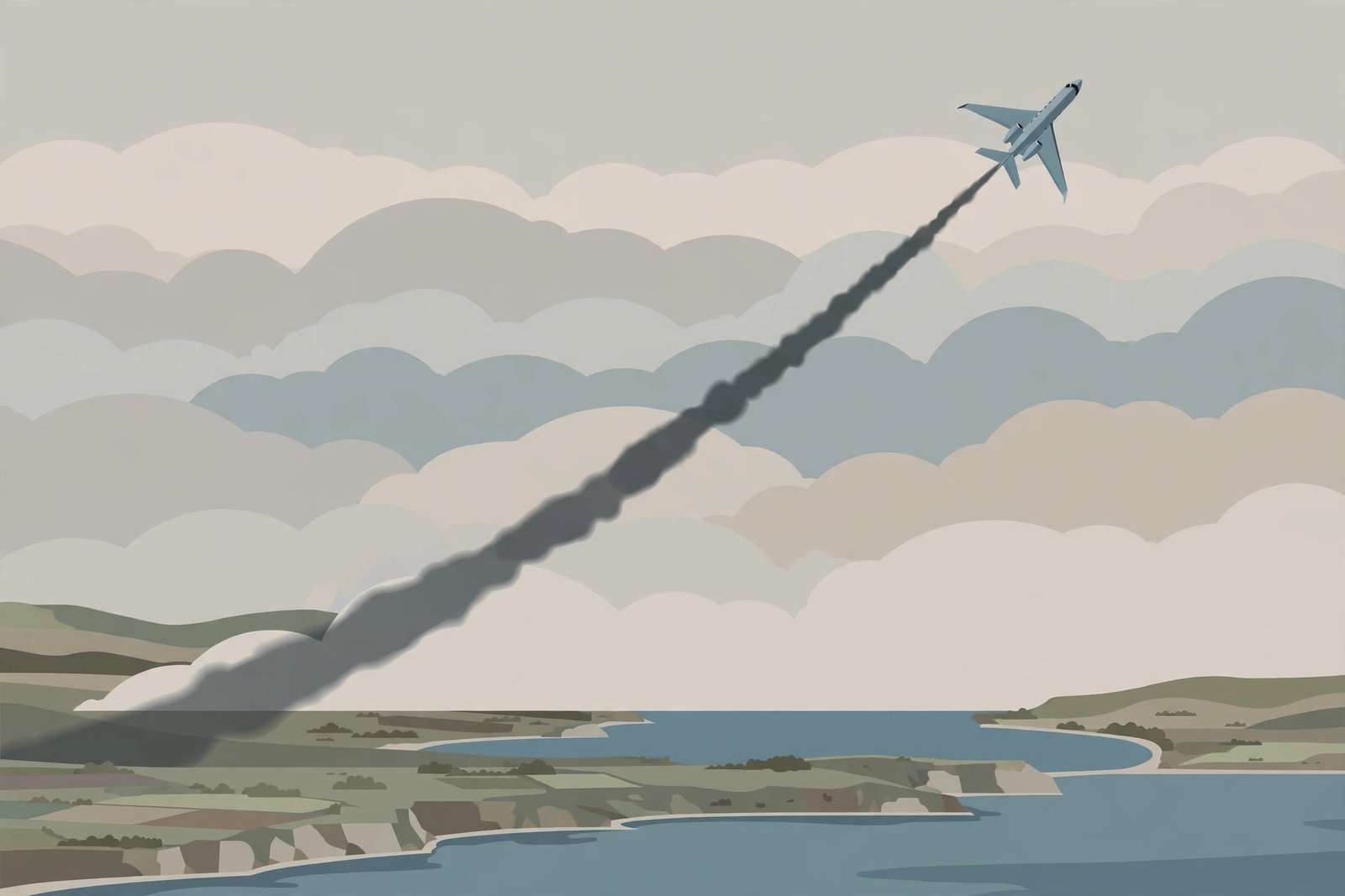 A private jet climbing above clouds at dusk, illustrating private jet emissions and their climate footprint