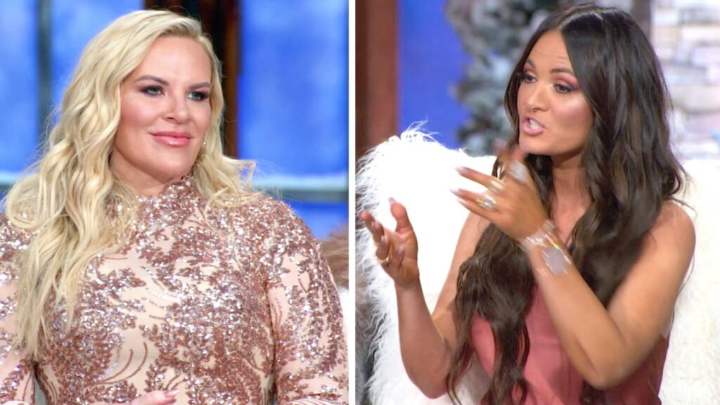 Heather Gay and Lisa Barlow in split screen at The Real Housewives of Salt Lake City season 1 reunion, part 1
