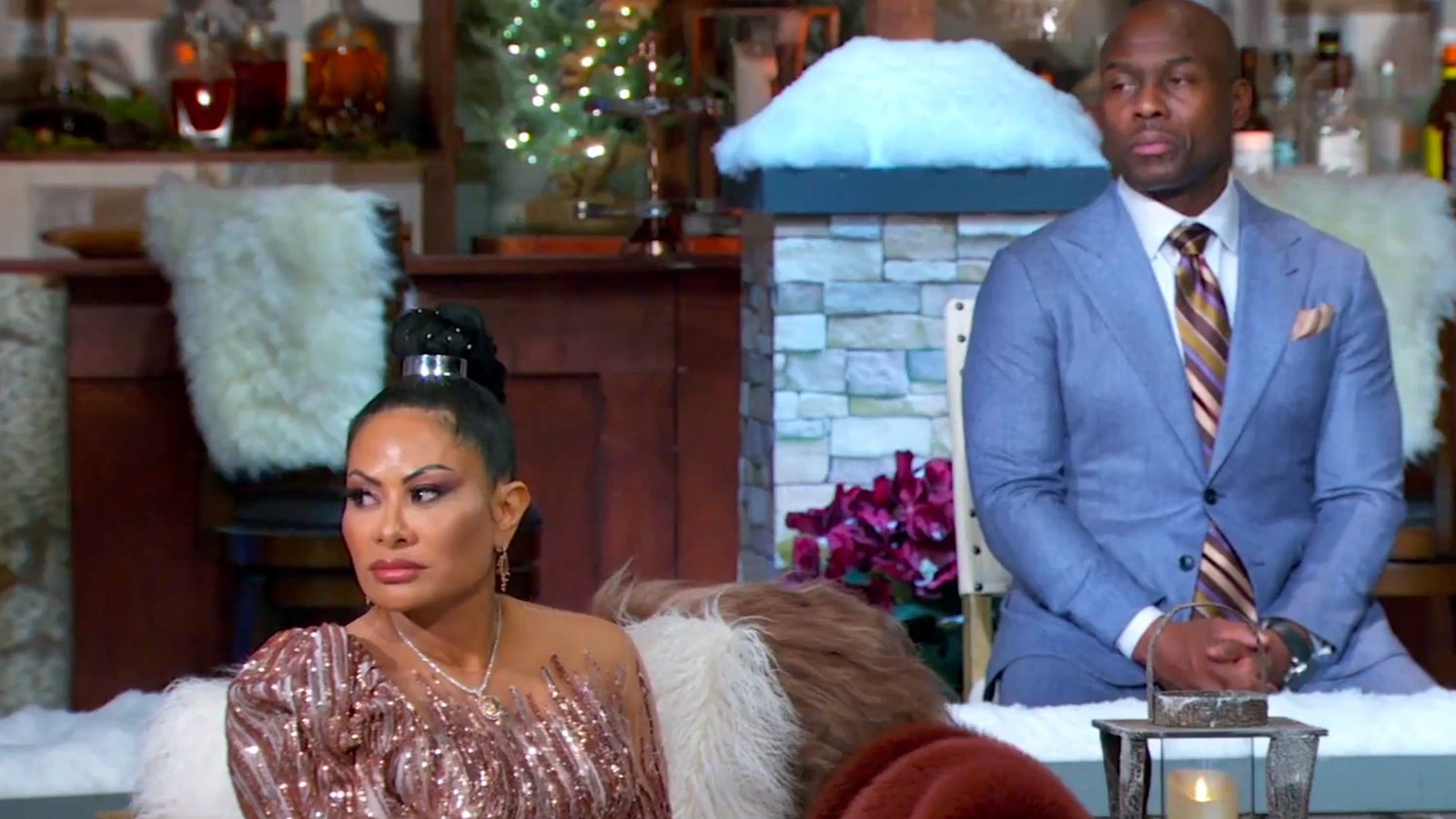 Jen Shah and her husband Sharrieff seated on the reunion set during The Real Housewives of Salt Lake City season 1 reunion, part 3