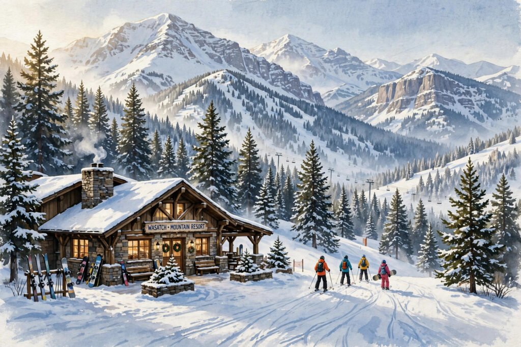 Editorial illustration of a ski lodge and bunny slope in Utah's Wasatch mountains