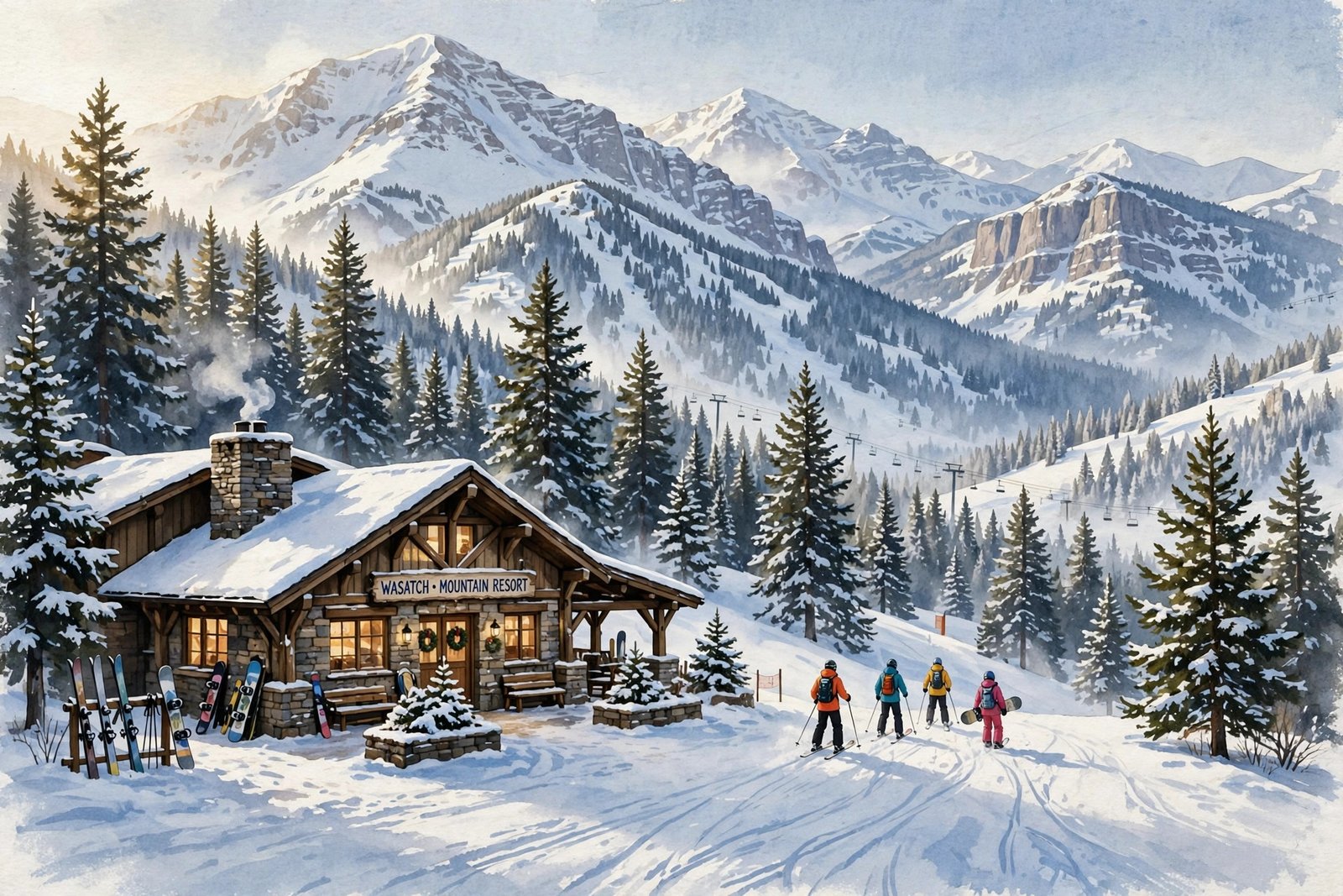 Editorial illustration of a ski lodge and bunny slope in Utah's Wasatch mountains