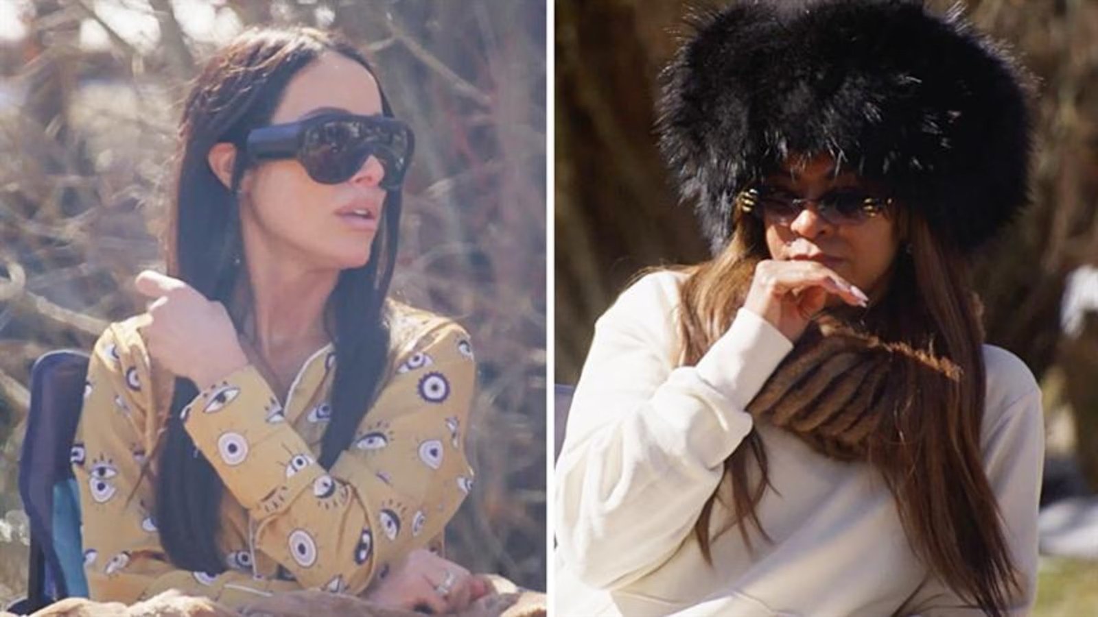A cast member in an eye-print blouse and oversized sunglasses; another in a large black fur hat