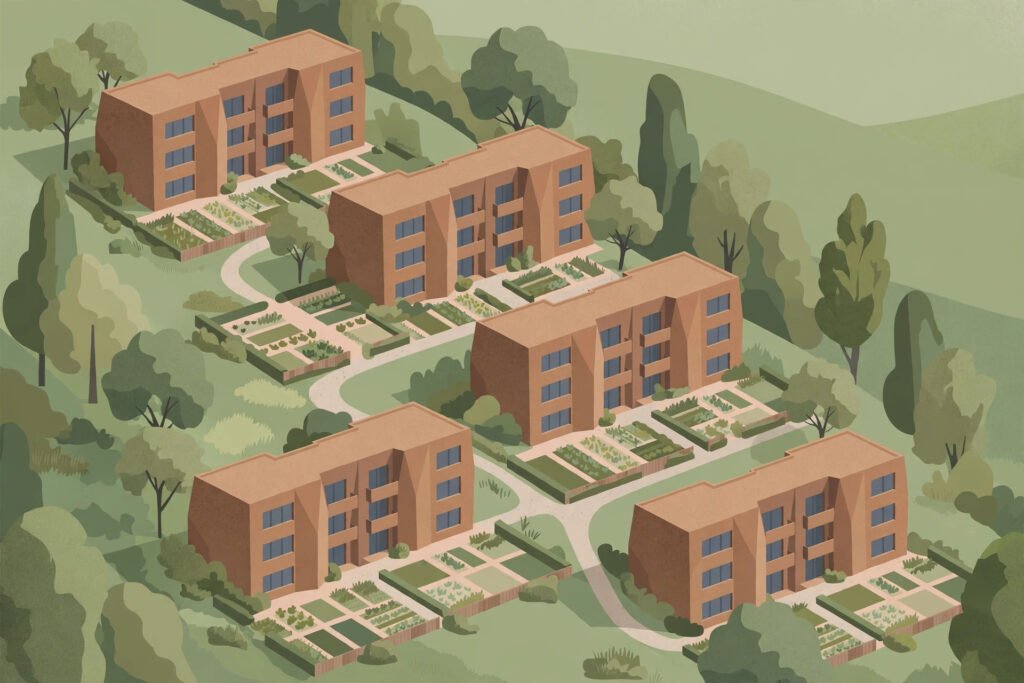Brick housing blocks of the RIBA Stirling Prize 2026 winner Lion Green Road set into a landscaped slope in Coulsdon