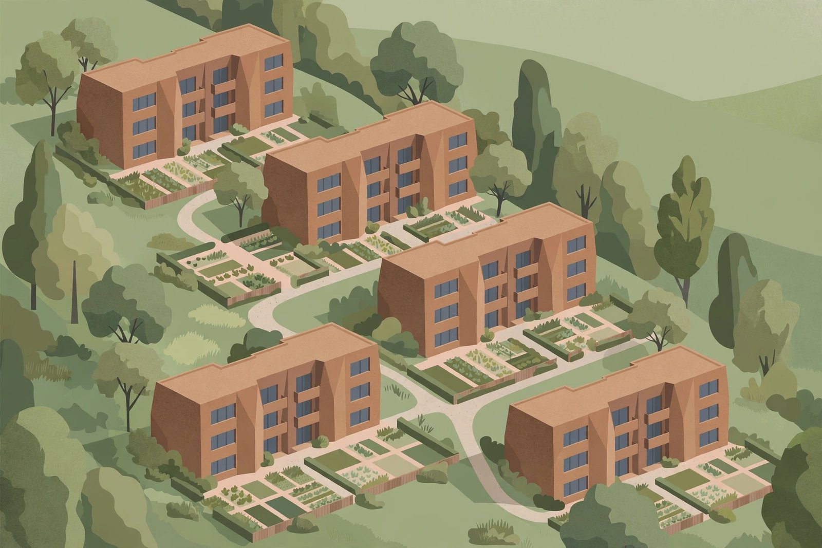 Brick housing blocks of the RIBA Stirling Prize 2026 winner Lion Green Road set into a landscaped slope in Coulsdon
