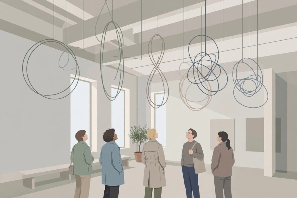 Flat editorial illustration of suspended looped wire sculptures hanging in a bright museum gallery