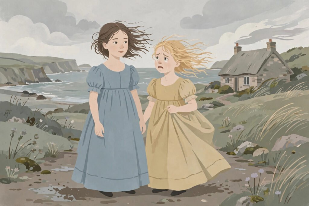 Editorial illustration of two sisters in Regency-era dresses in a windswept English coastal cottage landscape