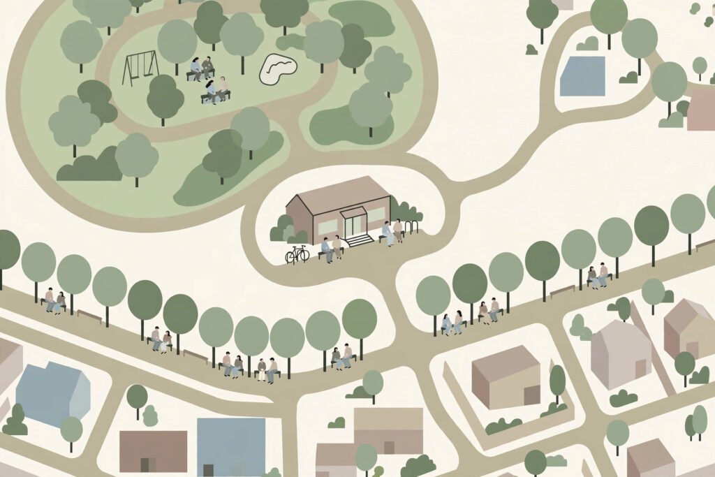 Editorial illustration of a park, library and tree-lined sidewalk connected by walking paths in a city neighbourhood