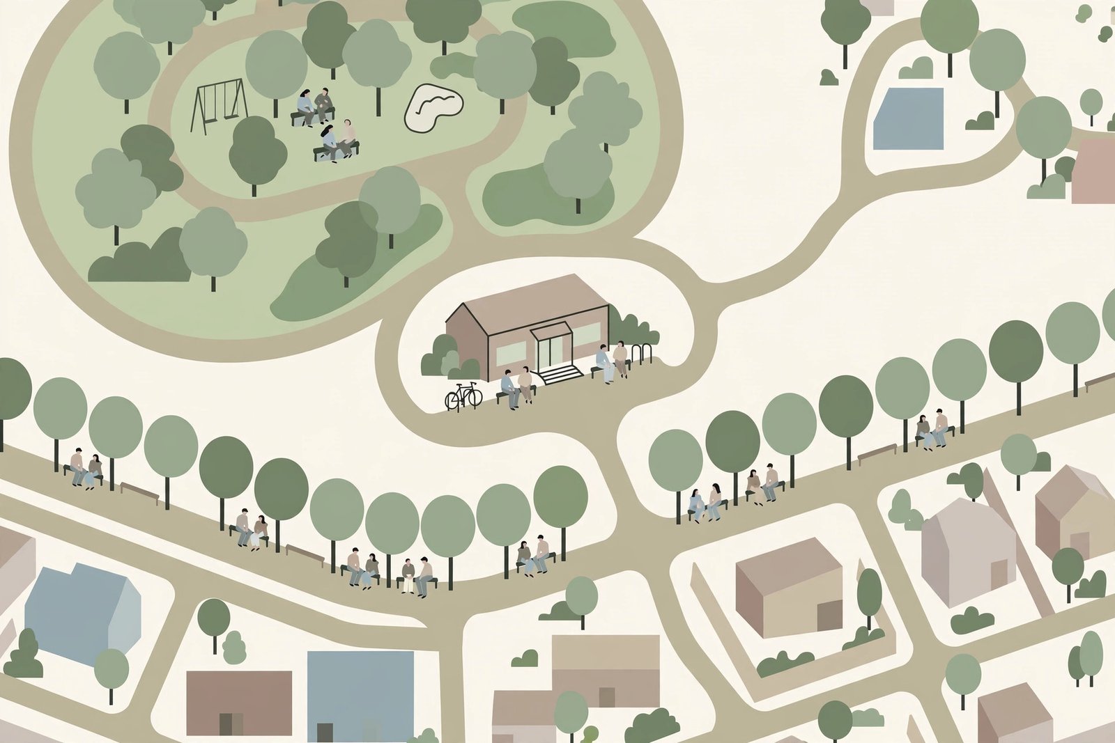 Editorial illustration of a park, library and tree-lined sidewalk connected by walking paths in a city neighbourhood
