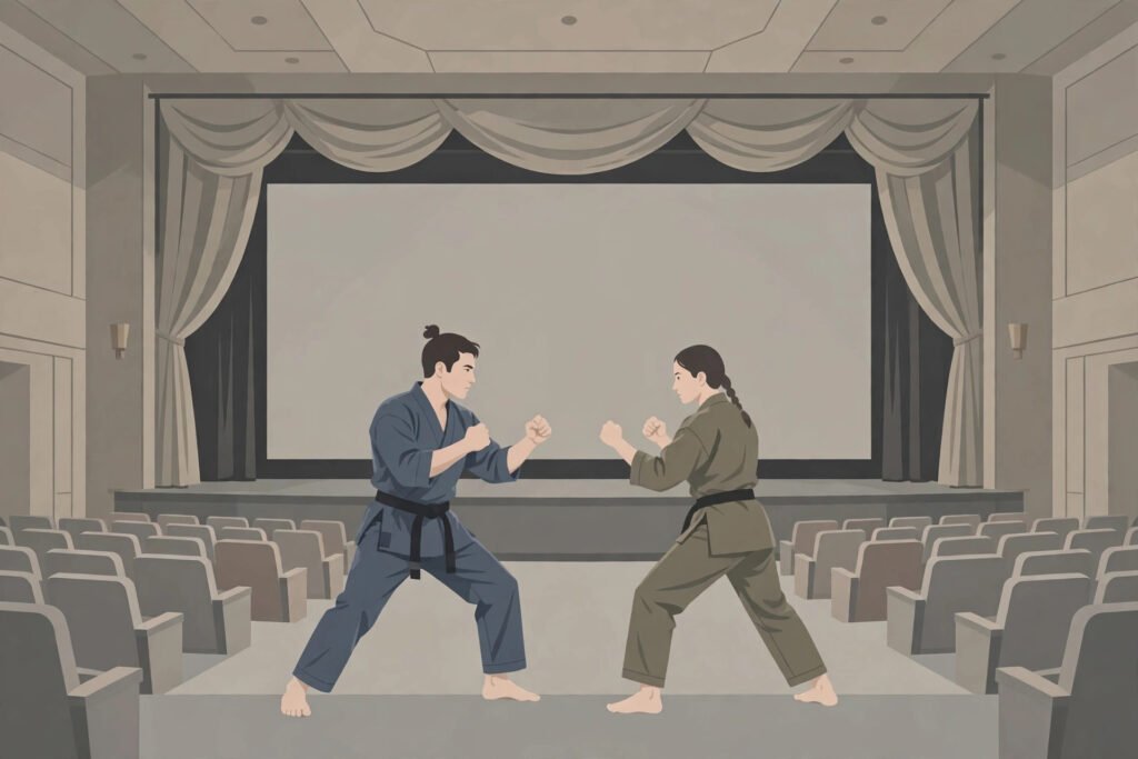 Flat editorial illustration of two martial arts fighters facing off in a cinema arena