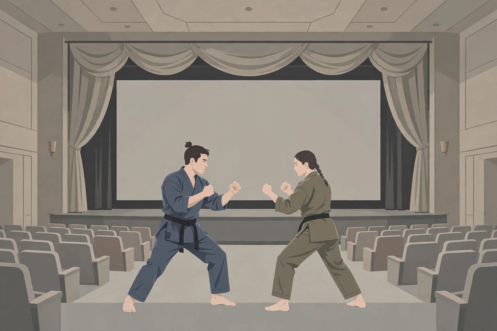 Flat editorial illustration of two martial arts fighters facing off in a cinema arena