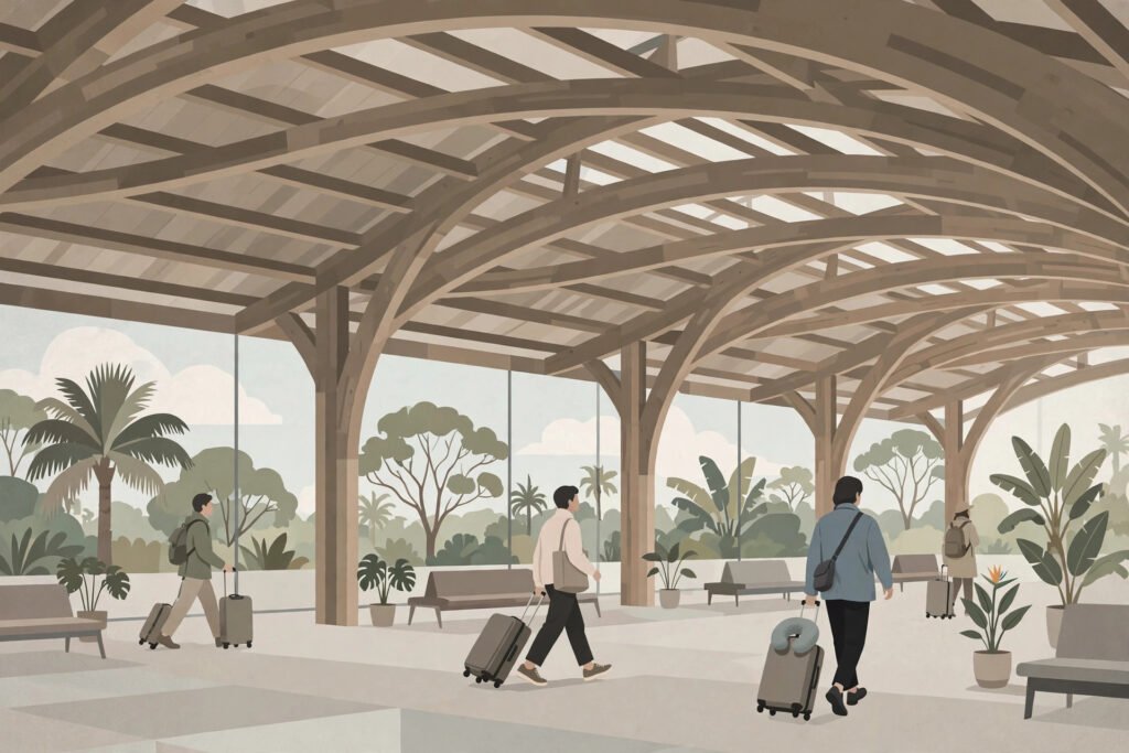 Editorial illustration of an airport terminal with a sweeping exposed timber glulam roof frame and travellers underneath