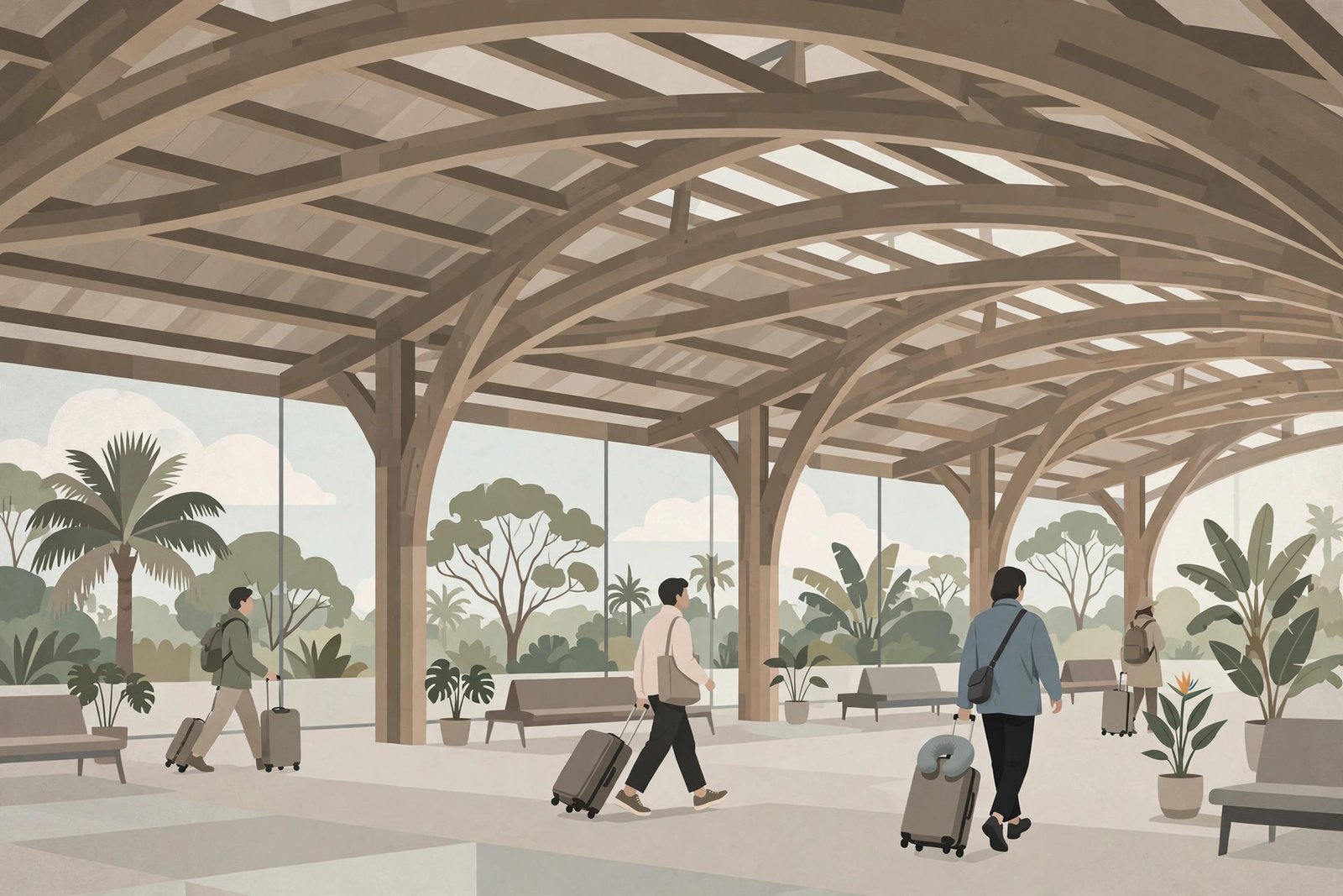 Editorial illustration of an airport terminal with a sweeping exposed timber glulam roof frame and travellers underneath