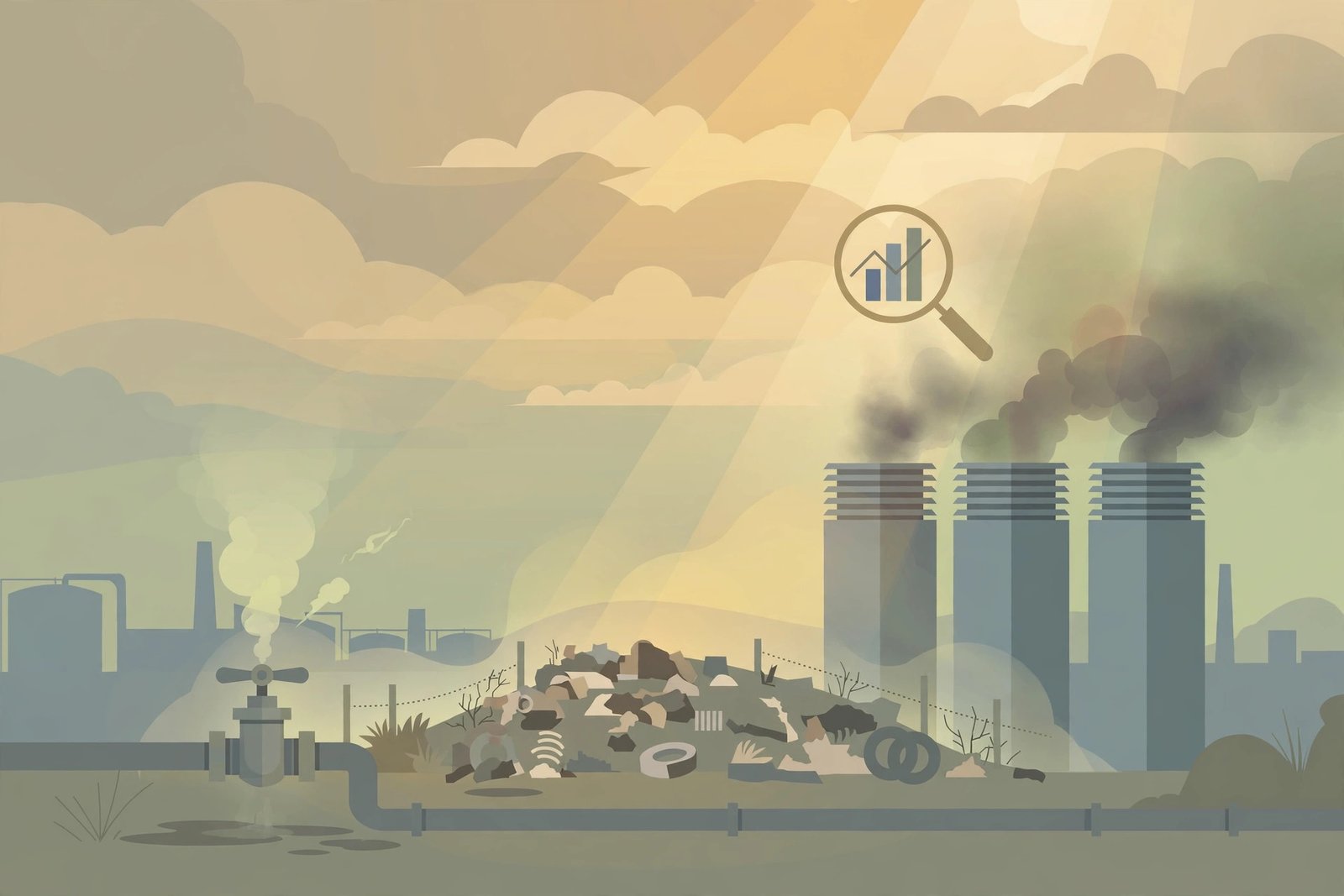 Editorial illustration of super pollutant sources: leaking gas valve, landfill and cooling units releasing plumes under a warm sky