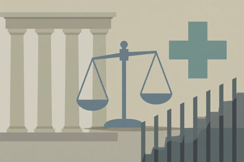 Editorial illustration for: Supreme Court Blocks Trump Prison Care Ban for Now, in a One-Sentence Order