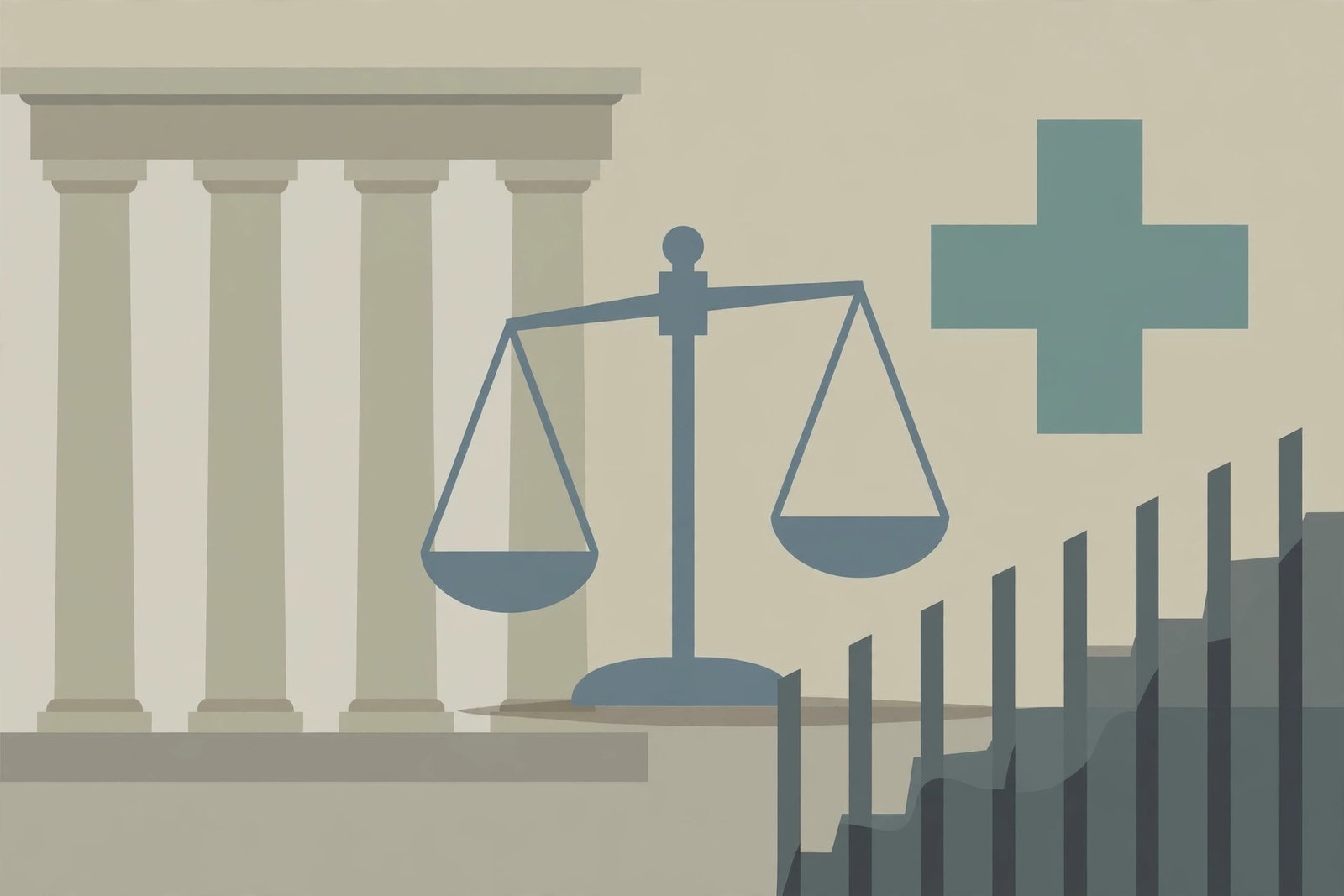 Editorial illustration for: Supreme Court Blocks Trump Prison Care Ban for Now, in a One-Sentence Order