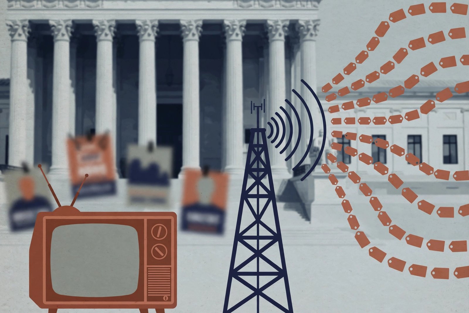 Supreme Court FCC political ad rates: courthouse columns behind a vintage television and a radio tower sending out price-tag-shaped broadcast waves