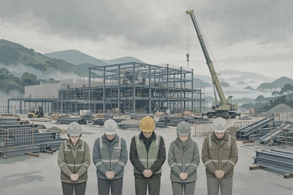 Editorial illustration for: Four Workers Dead at TSMC's Kaohsiung Site, and Steel Work Stops Across Taiwan