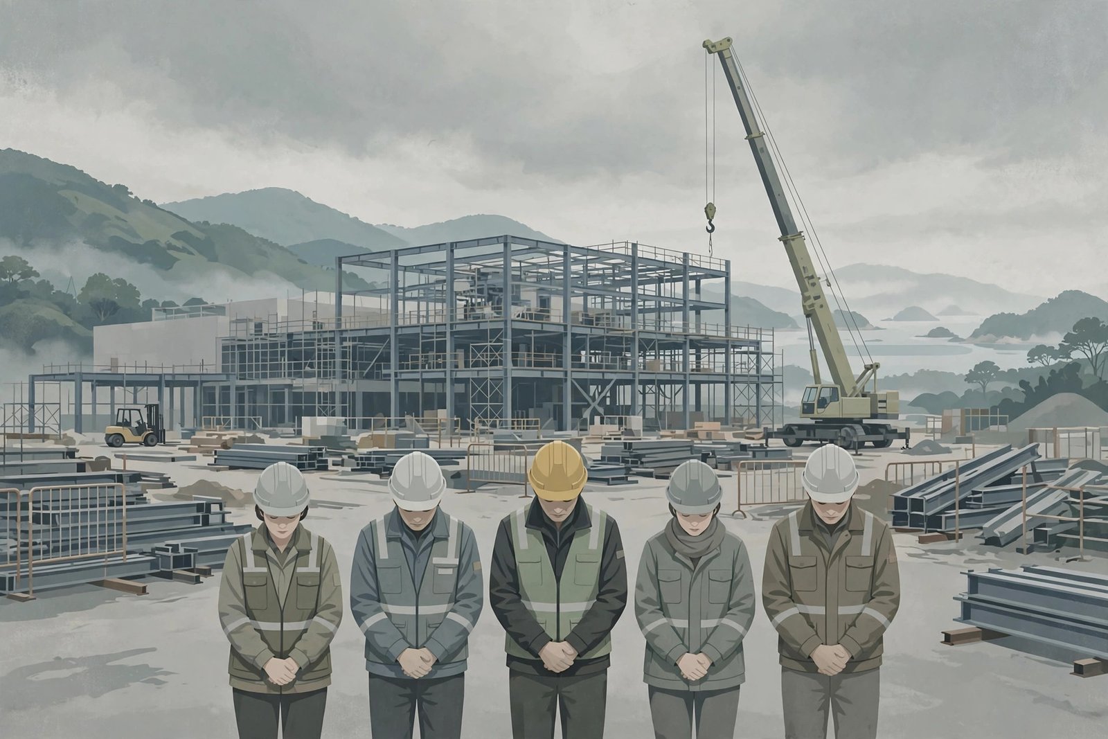 Editorial illustration for: Four Workers Dead at TSMC's Kaohsiung Site, and Steel Work Stops Across Taiwan