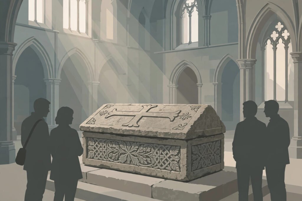 A carved limestone sarcophagus in a vaulted abbey gallery for a story on the Westminster Abbey Roman sarcophagus