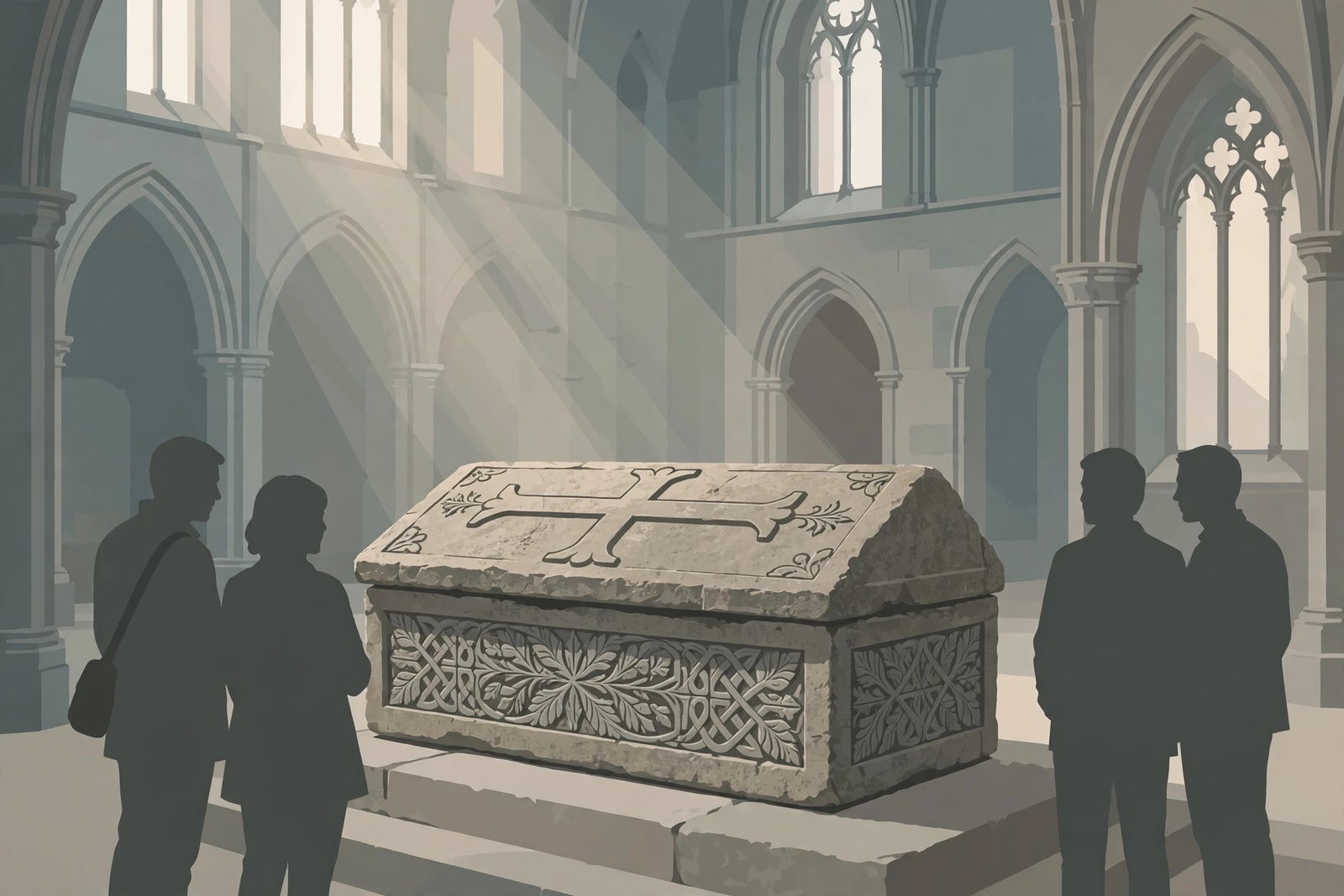A carved limestone sarcophagus in a vaulted abbey gallery for a story on the Westminster Abbey Roman sarcophagus