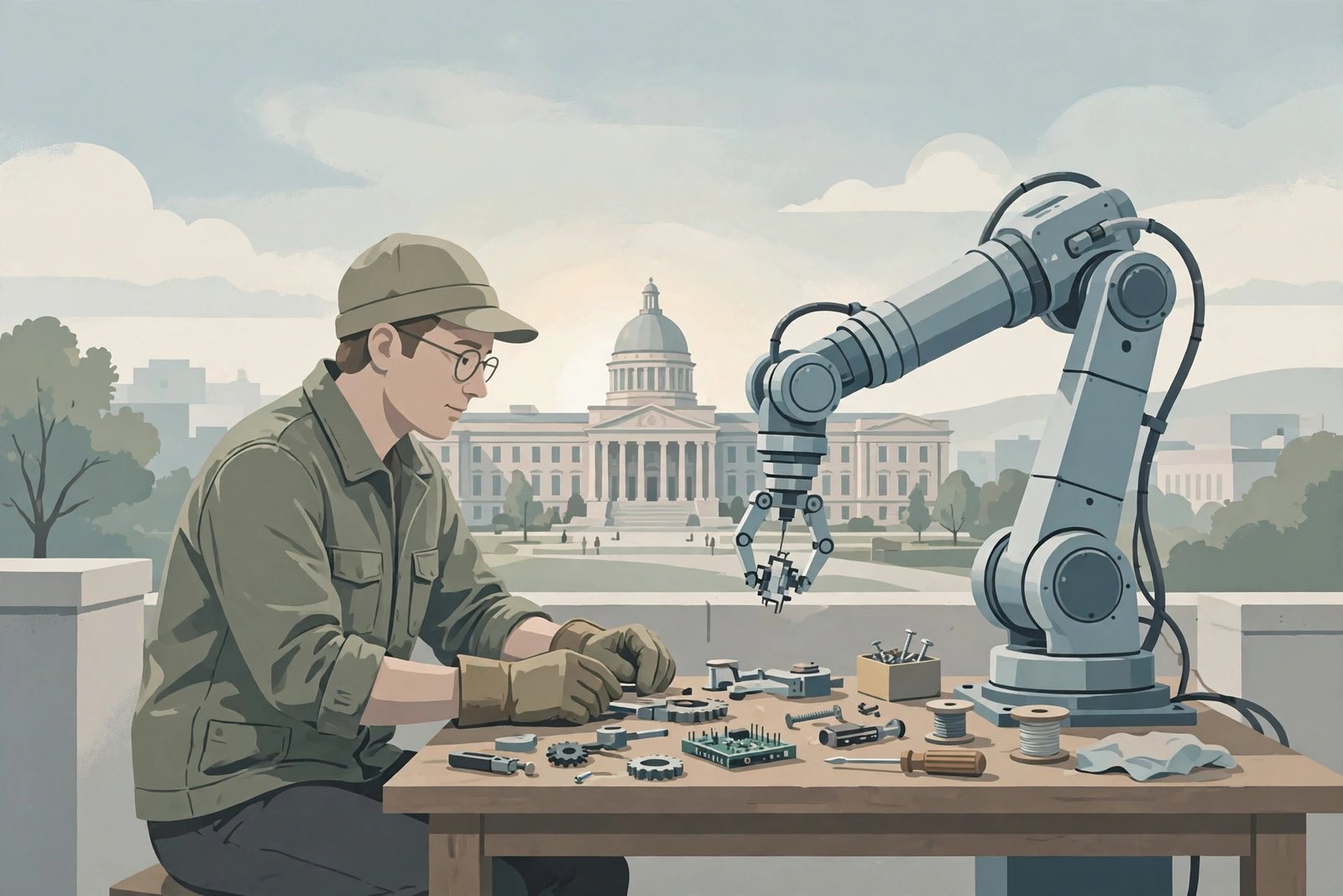 A worker beside a robot arm, illustrating what do we owe workers when AI reshapes jobs