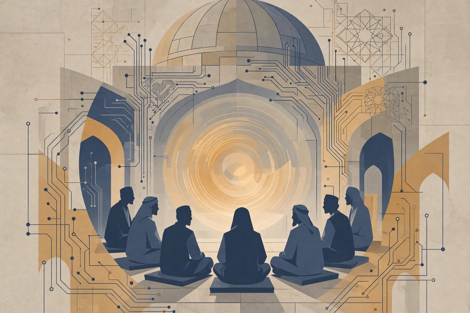 Who should set the moral rules for AI: silhouetted figures in a circular gathering around a softly glowing orb, with a mosque dome and circuit lines behind
