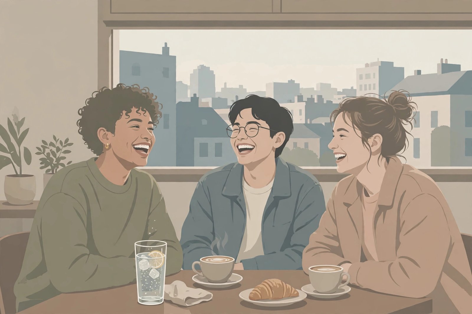 Why is Gen Z drinking less — young adults at a cafe table with sparkling water and coffee instead of cocktails