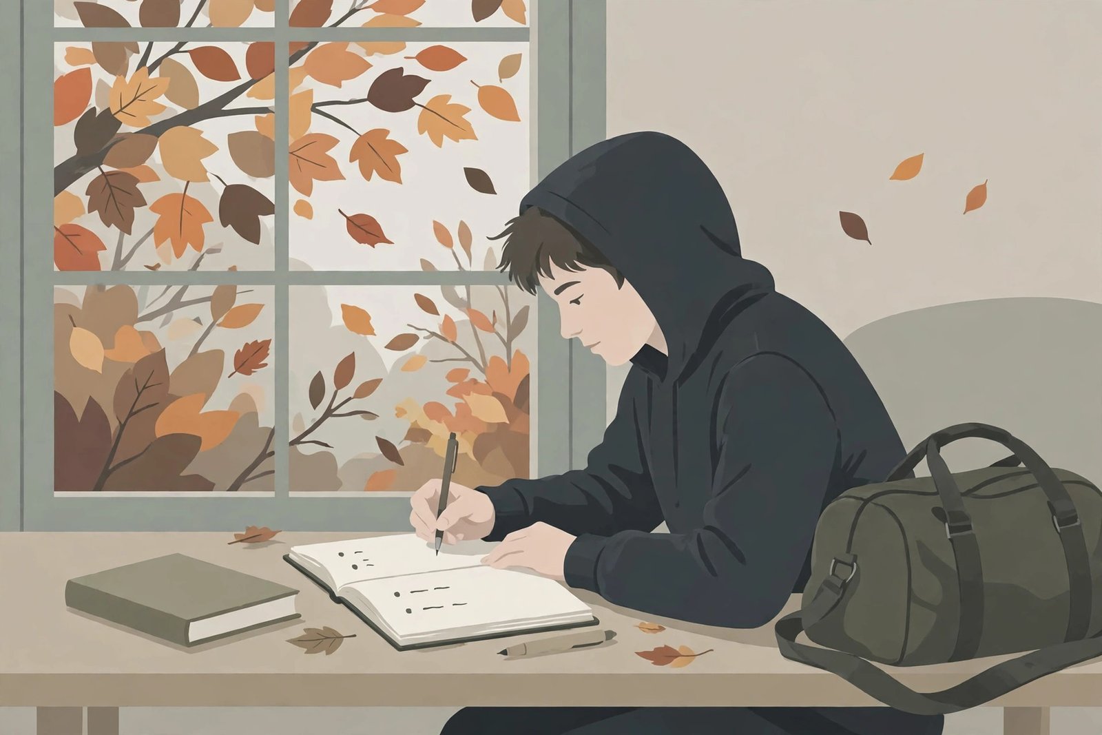 Young person starting a winter arc October reset with a notebook, book and gym bag in autumn light