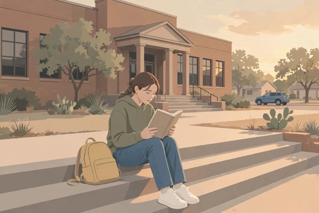 A teenage girl reading a paperback on school steps for this Zara Hossain Is Here review