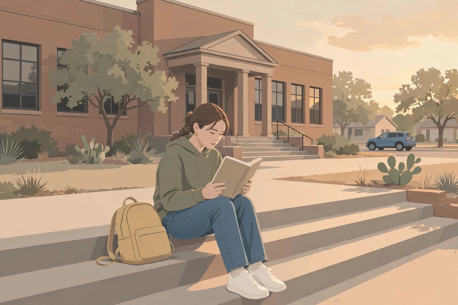 A teenage girl reading a paperback on school steps for this Zara Hossain Is Here review